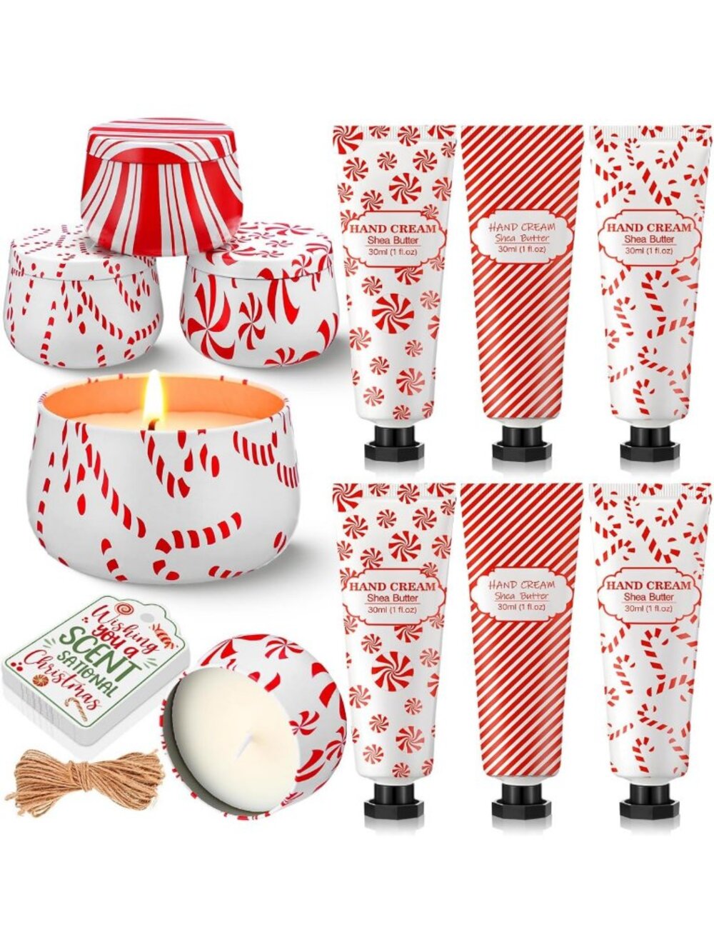 12 Pcs Christmas Candy Cane Gift Set - Peppermint Scented Candles & Hand Creams